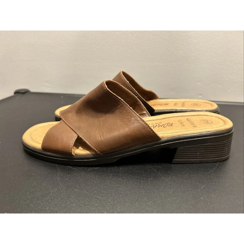 Romano Brazil Genuine Leather Size 8.5 Brown Lynda Sandals Slides Slip On